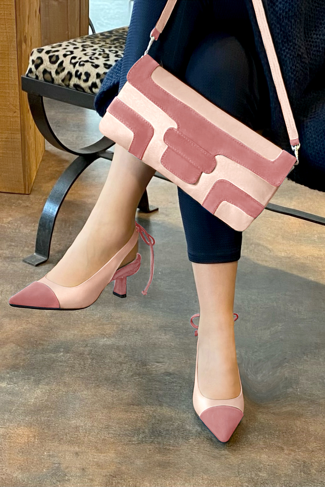 Dusty rose pink women's slingback shoes. Pointed toe. Medium spool heels. Worn view - Florence KOOIJMAN